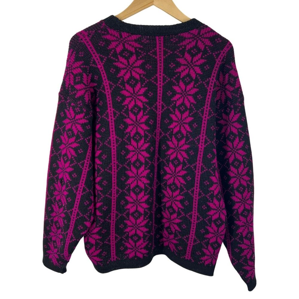 Nordstrikk Norway Sweater Women Large Virgin Wool Black Fuchsia Floral Pullover - Picture 2 of 14